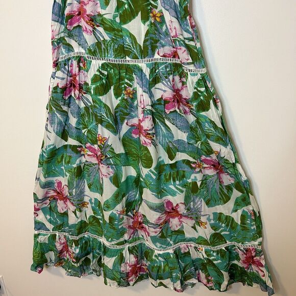 Gianni Bini Maxi Tiered Dress Tropical Floral Vacation Pom Pom Strappy - Size XS - Picture 6 of 10